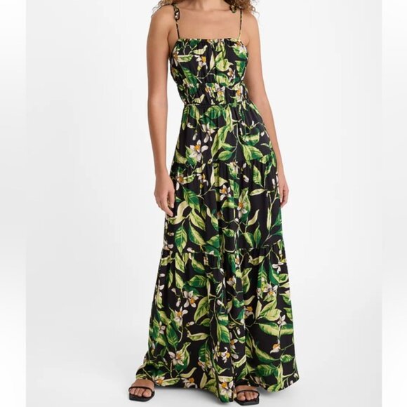 NWT EXPRESS Floral Square Neck Sleeveless Tie Shoulder Ruched Tiered Maxi Dress - Picture 5 of 16